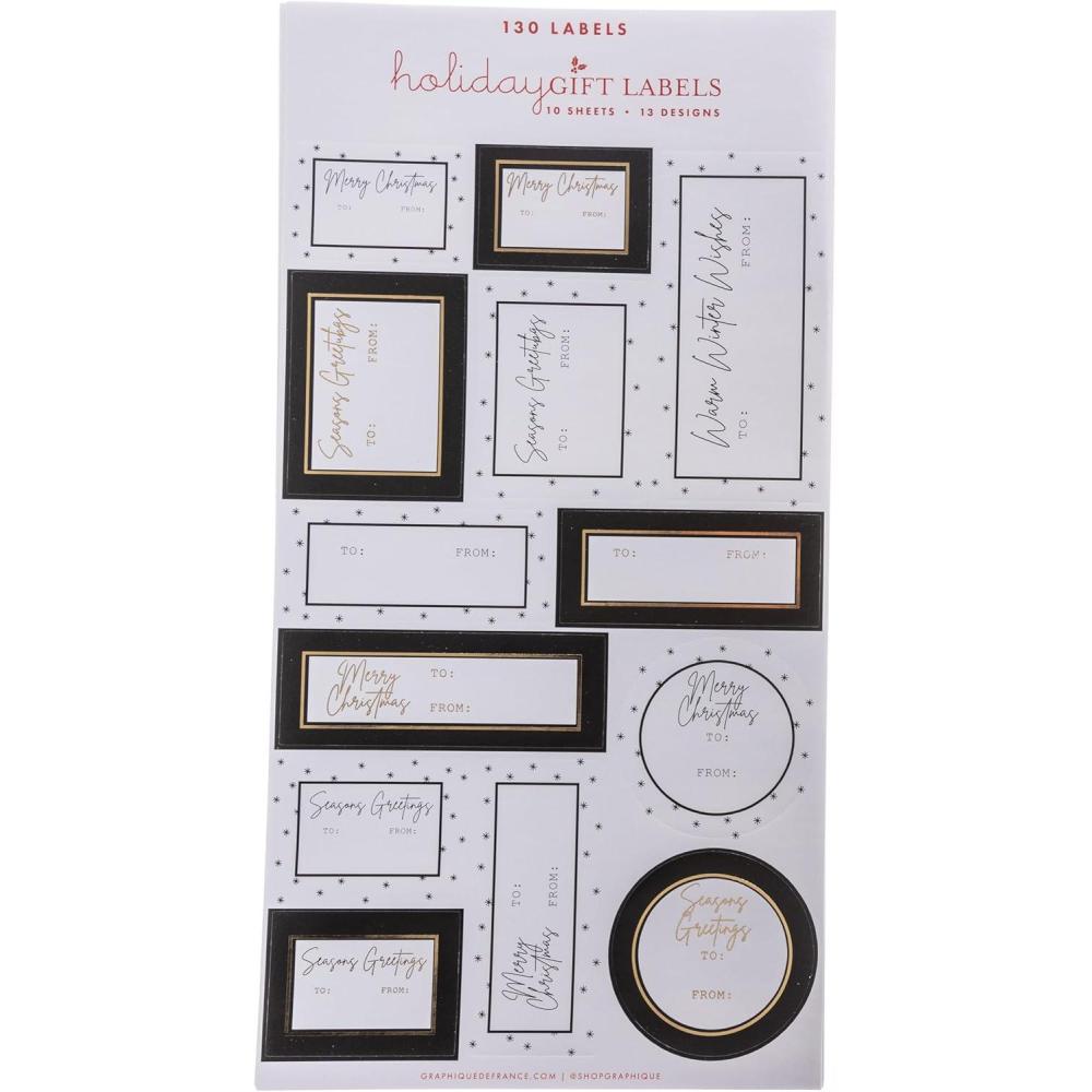 imageGraphique Holiday Gift Labels 130 SelfAdhesive Christmas Stickers 13 Designs with Gold Foil AccentsBW Christmas