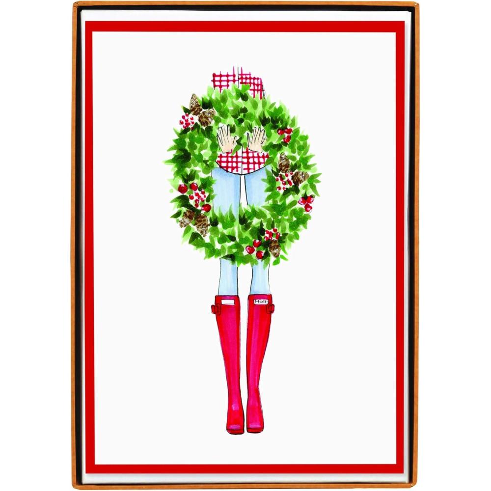 imageGraphique Wood Background Holiday Cards  Pack of 15 Cards with Envelopes  Christmas Greetings  Silver Foil Accents  Boxed Set  425quot x 55quotGirl Holding Wreath