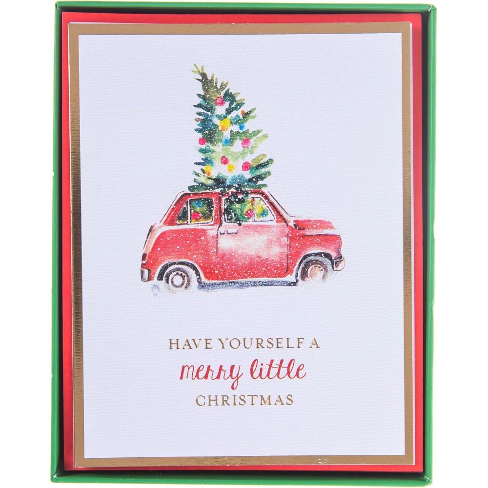 imageGraphique Wood Background Holiday Cards  Pack of 15 Cards with Envelopes  Christmas Greetings  Silver Foil Accents  Boxed Set  425quot x 55quotMerry Little Car