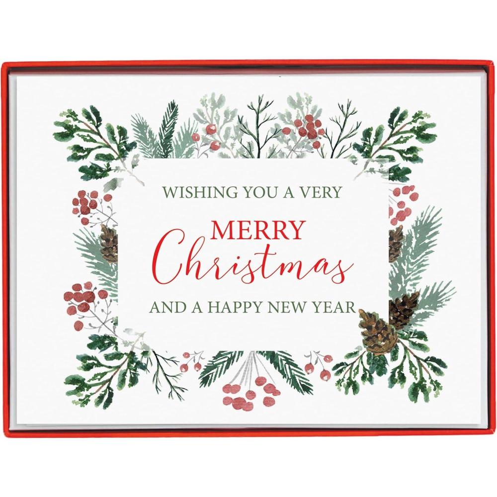 imageGraphique Wood Background Holiday Cards  Pack of 15 Cards with Envelopes  Christmas Greetings  Silver Foil Accents  Boxed Set  425quot x 55quotWinter Greenery