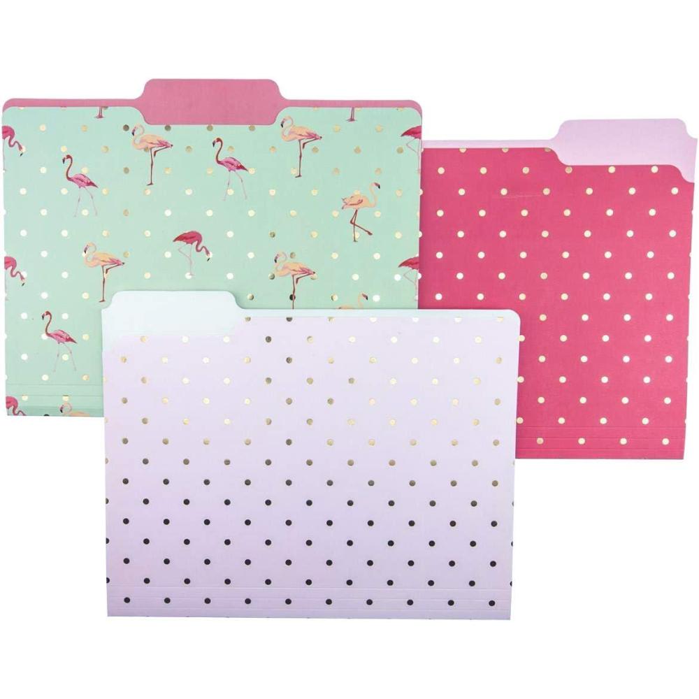 imageGraphique Flamingo Pink File Folder Set  File Set Includes 9 Folders and 3 Unique Flamingo and Polka Dot Designs Embellished w Gold Foil on Durable TripleScored Coated Cardstock 1175quot x 95quot