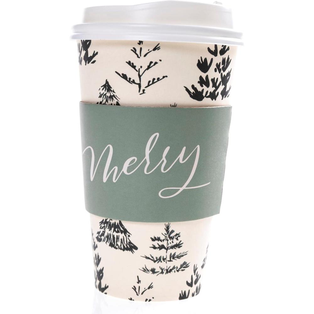 imageGraphique 12Pack Disposable to Go Coffee Cups Merry Christmas Leopard 16 oz with Lids Perfect for Travel Home Parties and MoreCream Black Trees