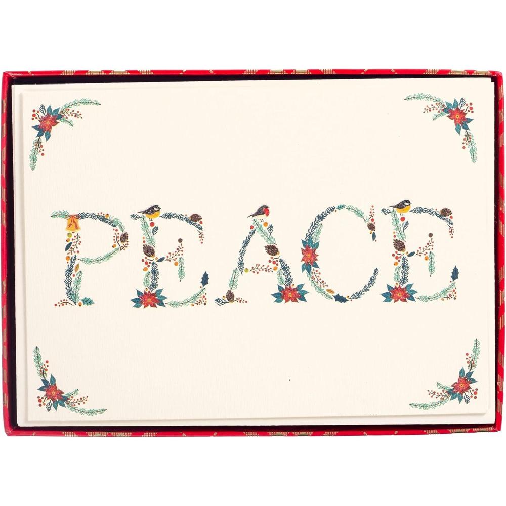 imageGraphique Merry Christmas Holiday Cards Pack of 15 Cards with Envelopes Christmas Greetings Gold Foil Accents Boxed Set 475quot x 6625quotPeace Foilage Birds