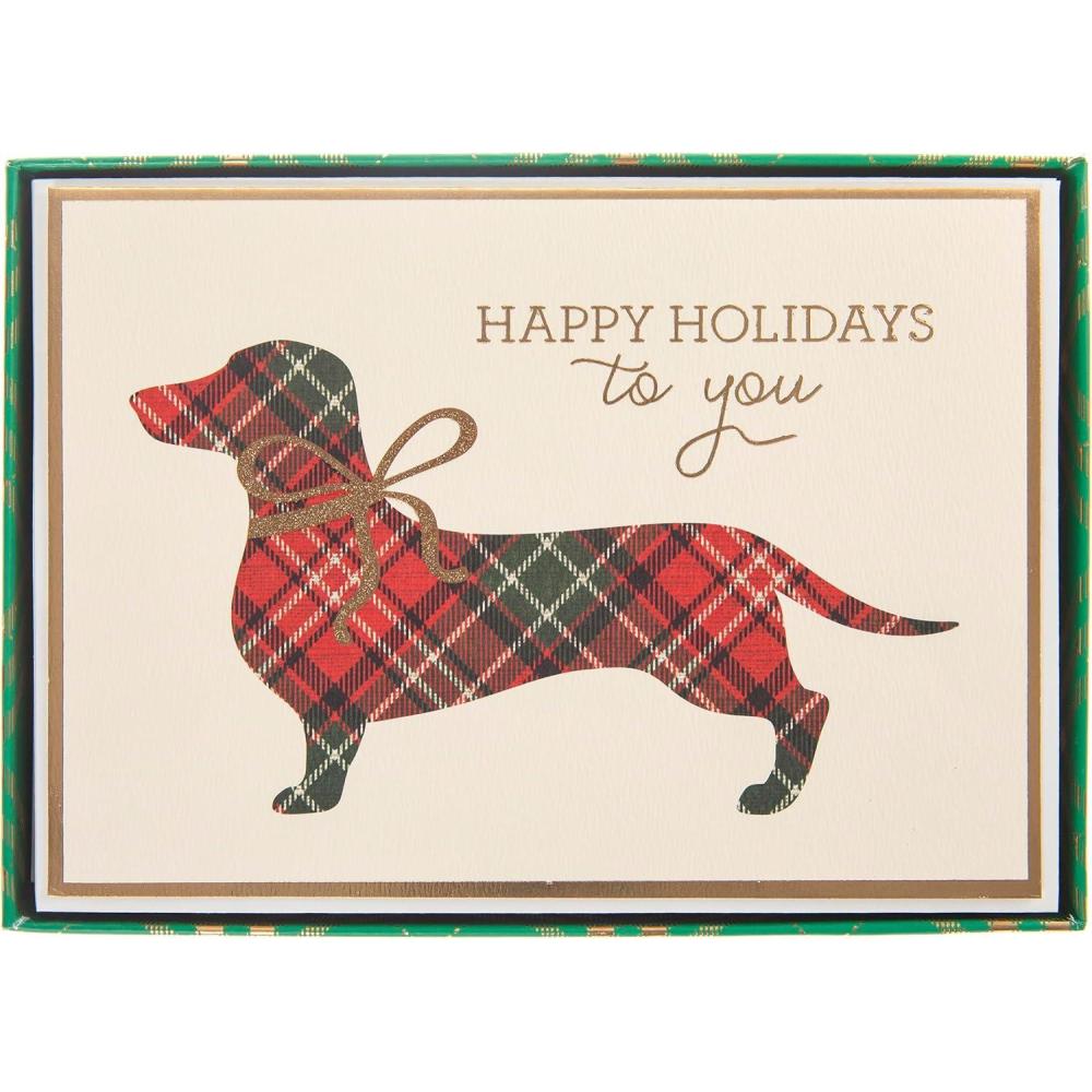 imageGraphique Merry Christmas Holiday Cards Pack of 15 Cards with Envelopes Christmas Greetings Gold Foil Accents Boxed Set 475quot x 6625quotPlaid dachshund