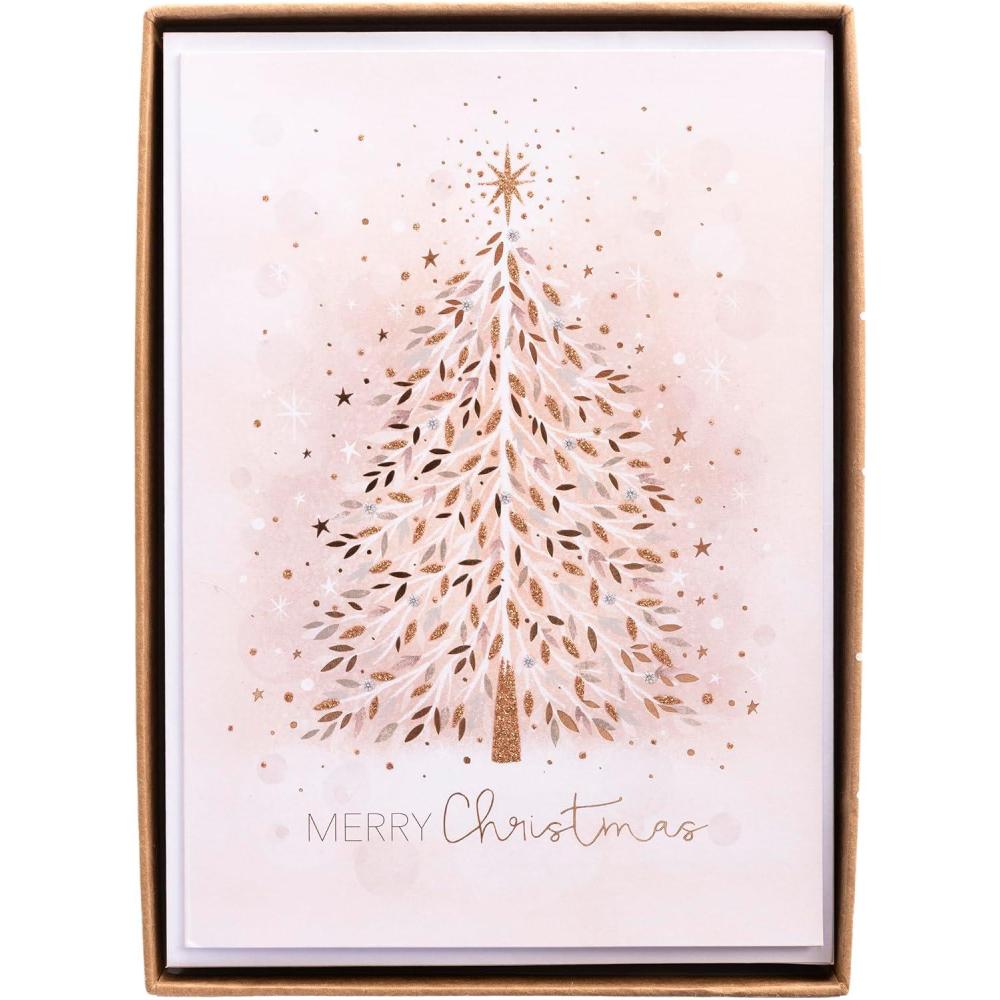 imageGraphique Santa Train Holiday Cards Pack of 15 Cards with Envelopes Christmas Greetings Glitter and Gold Foil Accents Boxed Set 475quot x 6625quotRose Gold Tree