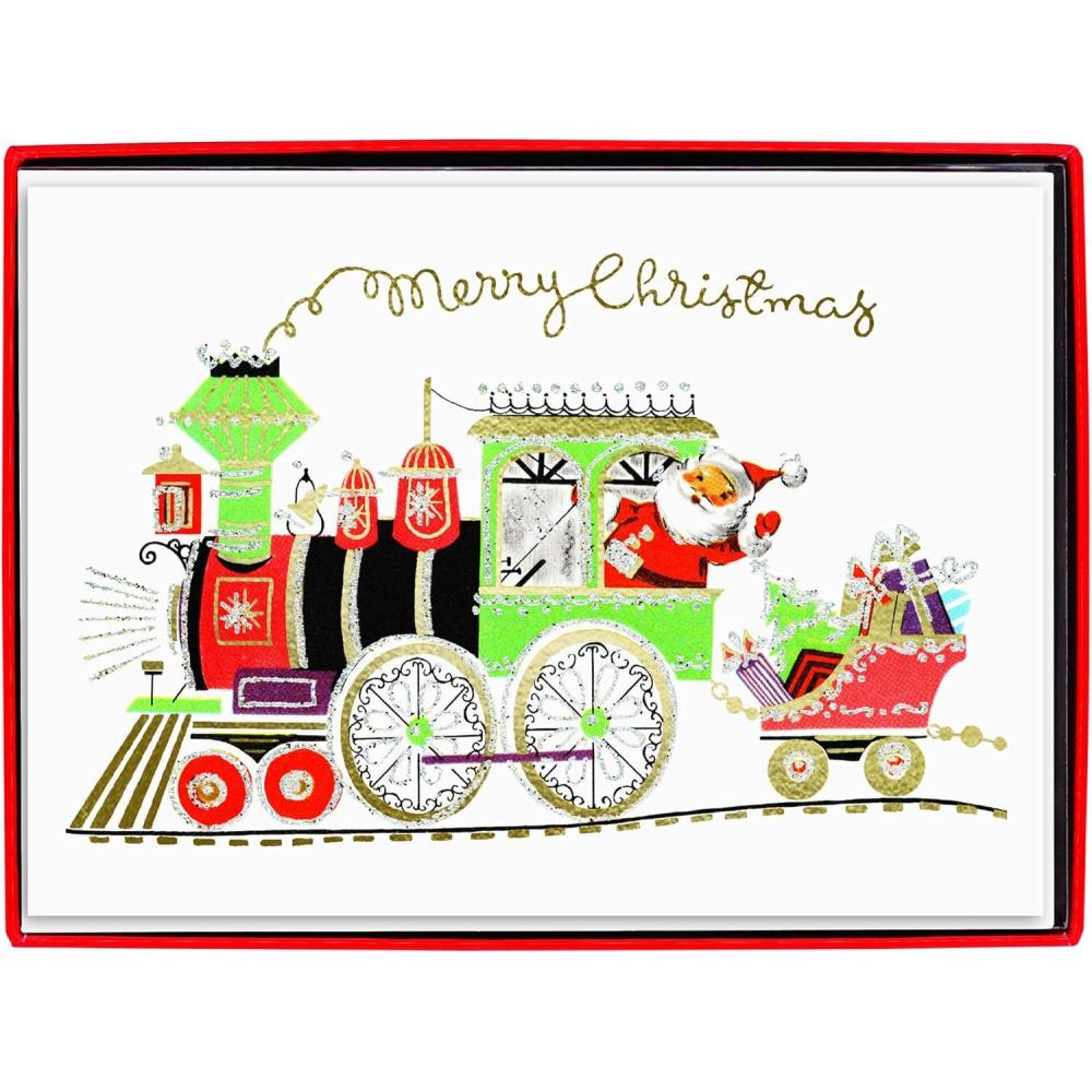 imageGraphique Santa Train Holiday Cards Pack of 15 Cards with Envelopes Christmas Greetings Glitter and Gold Foil Accents Boxed Set 475quot x 6625quotSanta Train