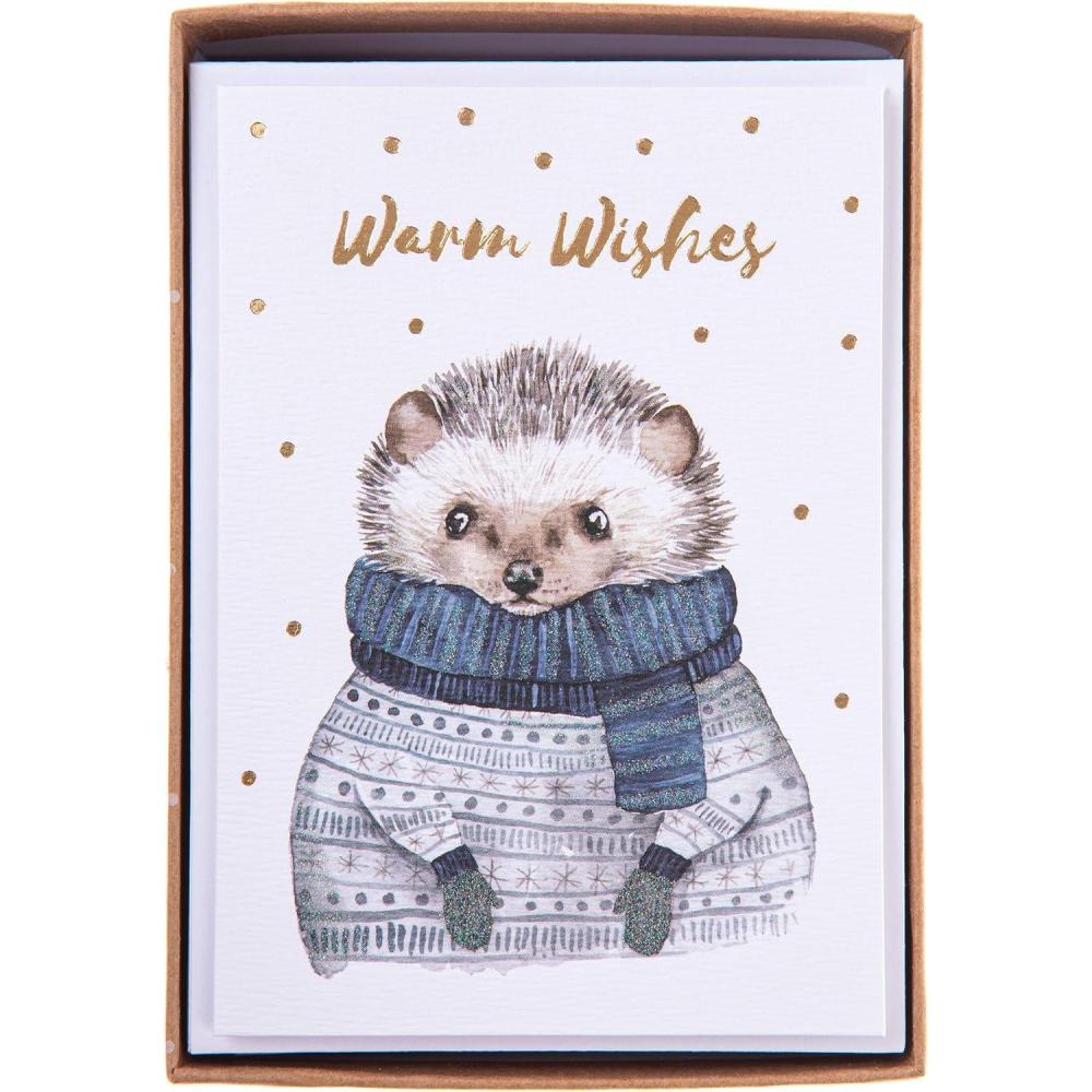 imageGraphique Cozy Hedgehog Holiday Cards Pack of 15 Cards with Envelopes Christmas Greetings Gold Foil and Glitter Accents Boxed Set 325quot x 475quot