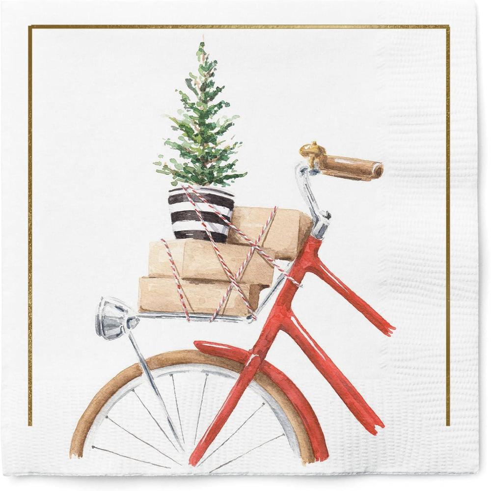 imageGraphique Watercolor Bike Holiday Cocktail Napkins Christmas Party Dessert Beverage Coffee 3Ply Disposable Paper Napkins 5 x 5 40 pcs